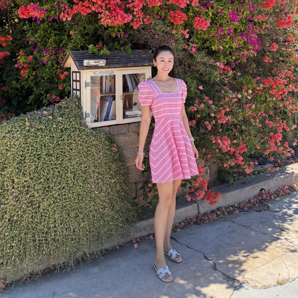 LoveShackFancy Drella Pink Flamingo Floral Lace Puff Sleeve Mini Dress Size 0
